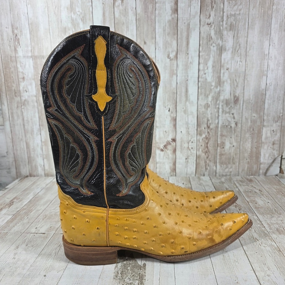 Rodeo Bravo Mens Yellow Full Quill Ostrich Western Cowboy Boots Snip Toe Black